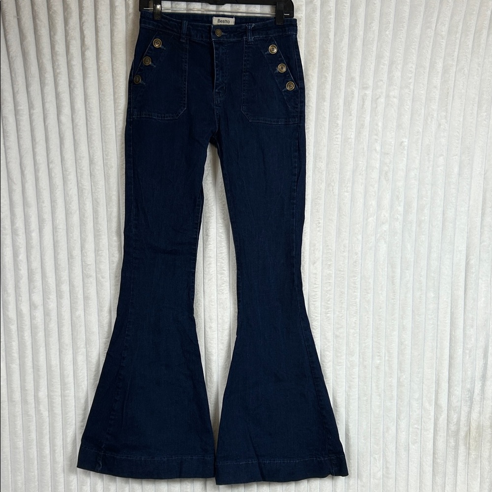 Bestto dark wash high-rise bell bottom flared hippie chic jeans size L (8–10)